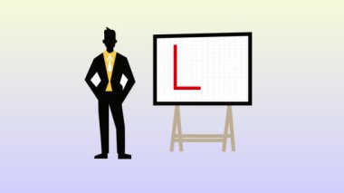 Grafik simgesinin yanında duran iş adamı beyaz arkaplanda canlandırıldı.