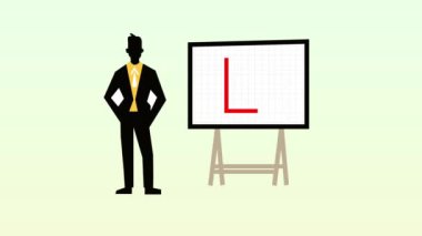 Grafik simgesinin yanında duran iş adamı beyaz arkaplanda canlandırıldı.