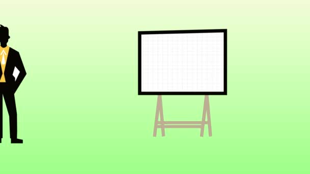 一个商人站在一个用绿色背景的三脚架动画的空白展示板旁边的图片 — 图库视频影像