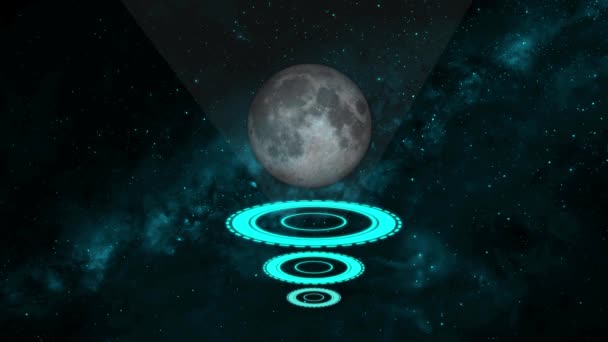 Escena Espacial Futurista Con Una Luna Anillos Azules Brillantes Colocados — Vídeos de Stock