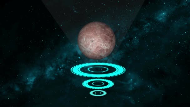 Futuristická Vesmírná Scéna Měsícem Zářícími Modrými Prsteny Zapadajícími Proti Hvězdné — Stock video
