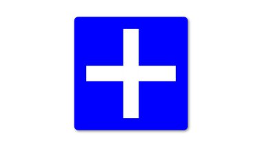 Ortasında beyaz artı olan mavi bir kare..