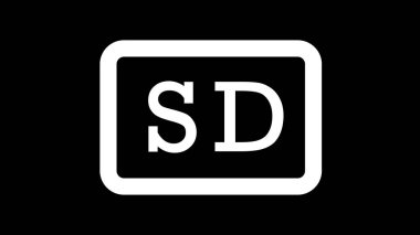 Siyah arka planda beyaz bir SD kart simgesi. Simge yuvarlak köşeli dikdörtgen bir hat içinde 'SD' harflerinden oluşuyor.