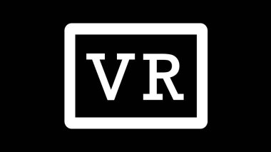Siyah arkaplanda beyaz bir VR (Sanal Gerçeklik) simgesi. Simge dikdörtgen bir çerçeve içinde 'VR' harflerinden oluşur.