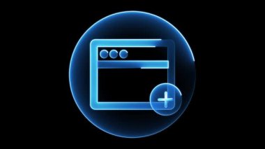 Yeni bir sekme veya pencere eklenmesini sembolize eden, artı işaretli bir web tarayıcı penceresinin parlayan mavi neon simgesi.