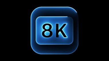 Siyah arkaplanda parlayan mavi 8K simgesi, yüksek çözünürlüklü görüntü teknolojisini simgeliyor.