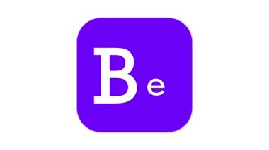 Ortasında beyaz bir 'Be' logosu olan mor kare bir simge, Behance platformunu temsil ediyor..