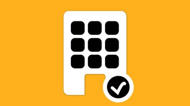 Turuncu arka planda kontrol işareti olan bir binanın stilize edilmiş bir simgesi. Bina, pencere olarak siyah kareler ve sağ alt köşedeki dairede bir kontrol işareti olan beyaz bir dikdörtgenle temsil edilir..