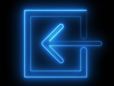 Parlayan mavi neon bir ok, siyah bir arkaplanda, kare bir çizginin içinde solu gösteriyor..