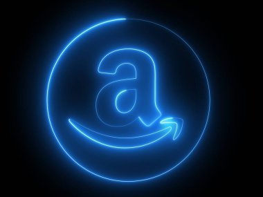 Siyah arka planda parlayan mavi bir Amazon logosu. Logo, altında kavisli bir ok olan küçük bir 'a' dan oluşuyor ve bir gülümseme oluşturuyor..