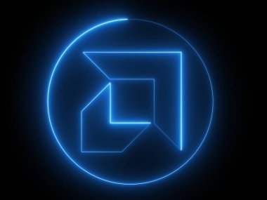 Siyah arkaplanda parlayan mavi bir logo, soyut bir tasarım oluşturan geometrik şekiller..