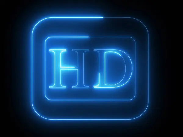 Koyu arkaplanda parlayan mavi neon bir HD, yüksek çözünürlüklü kaliteyi temsil ediyor.