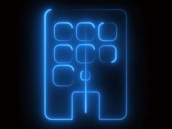 Koyu bir arkaplan karşısında birden fazla penceresi olan bir binanın parlayan neon çizgisi.