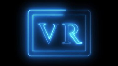Siyah arkaplanda dikdörtgen bir çerçevenin içinde 'VR' harfleri olan parlak mavi bir neon tabela..