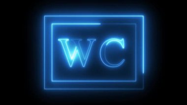 Koyu arkaplanda dikdörtgen bir çerçeve içinde 'WC' harfleriyle parlayan mavi neon bir tabela..