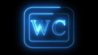 Koyu arkaplanda dikdörtgen bir çerçeve içinde 'WC' harfleriyle parlayan mavi neon bir tabela..