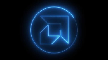 Siyah arkaplanda parlayan mavi bir logo, soyut bir tasarım oluşturan geometrik şekiller..