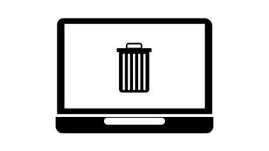 Dosyaların silinmesini veya kaldırılmasını temsil eden, ekranda çöp kutusu sembolü olan bir dizüstü bilgisayarın siyah beyaz simgesi.