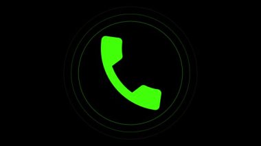 Bir yeşil telefon alıcısı simgesi etrafında dairesel çizgiler olan, bir çağrı veya iletişim konseptini gösteren siyah bir arkaplan üzerinde.