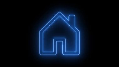 Siyah arkaplanda bir ev simgesinin parlayan mavi neon çizgisi.