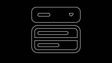 Siyah arkaplan üzerindeki bir sunucu veya veritabanı simgesinin minimalist beyaz taslağı.