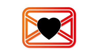 Merkezinde bir kalp sembolü olan biçimlendirilmiş bir zarf simgesi, aşk veya romantik mesajları temsil eden kırmızı ve turuncu renkler çizilmiş..