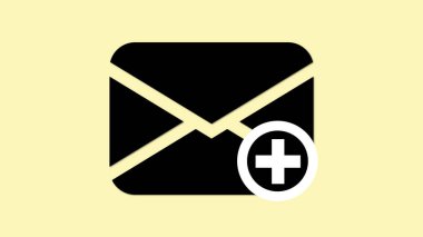 Açık sarı arkaplanda beyaz artı işareti olan siyah bir zarf simgesi, yeni bir e- posta eklenmesini veya oluşturulmasını simgeliyor.