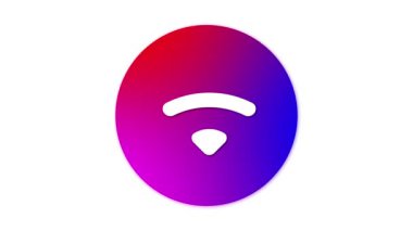 Merkezinde beyaz, stilize edilmiş bir Wi-Fi sembolü bulunan, kırmızıdan maviye geçiş yapan, eğimli bir arkaplan simgesi olan dairesel bir simge.