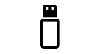 Beyaz arkaplanda bir USB flaş belleğin siyah beyaz simgesi.