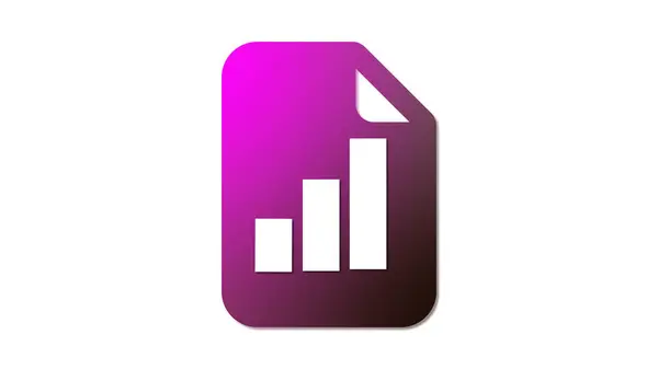 Veri analizi veya istatistikleri temsil eden, üzerinde bar grafik sembolü olan bir belgenin mor gradyan simgesi.