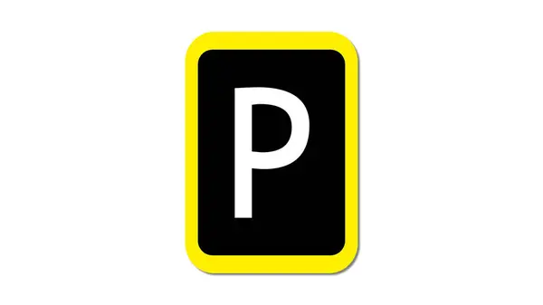 Stock image A rectangular parking sign featuring a bold white letter 'P' on a black background, framed by a bright yellow border.