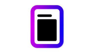 Modern, minimalist bir uygulama simgesi. Yuvarlak kare şekilli, mordan maviye doğru eğimli. Simgenin ortasında siyah bir kare ve üzerinde bir belge veya not alma uygulaması öneren yatay bir çizgi vardır.