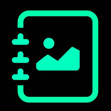 Bir fotoğraf albümü ya da galeriyi temsil eden basit, modern bir ikon. Tasarım, içinde biçimlendirilmiş bir görüntü bulunan dikdörtgen bir ana hatla, üzerinde güneş veya dairesel bir element bulunan bir manzara sunar. Renk şeması parlak bir turkuazdır. 