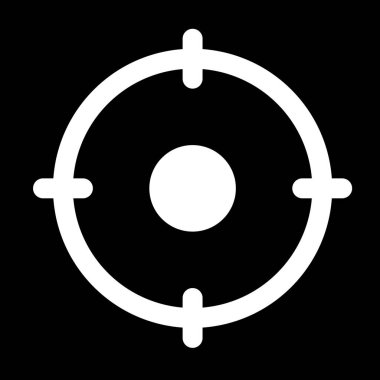 Siyah arkaplanda, dairesel çizgiler ve dört yönlü çizgilerle çevrili merkezi bir nokta içeren basit bir beyaz hedef sembolü..