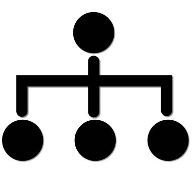 Bir hiyerarşik yapıyı temsil eden, üç alt çembere bağlı merkezi bir daireyle basit bir siyah organizasyonel grafik çizimi.