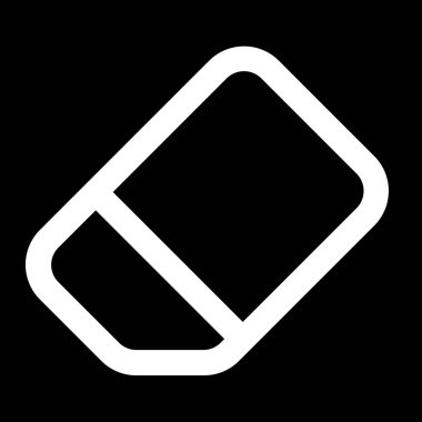 Siyah arka planda beyazla tasvir edilmiş basit, minimalist bir silgi tasviri. Silgi, dikdörtgen şeklini iki kesiti ayıran çapraz bir çizgi ile vurgulayan bir açıyla gösterilir..