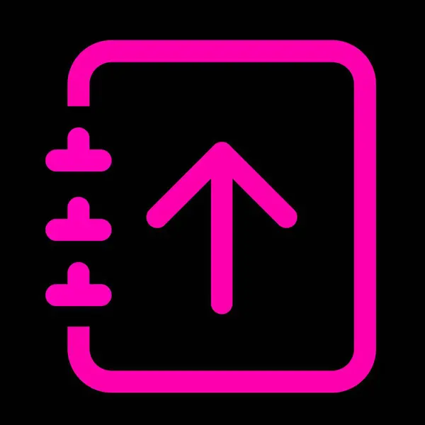 stock image A stylized icon featuring a notebook with an upward arrow, designed in bright pink against a black background. The notebook has a modern look, suggesting themes of organization and progress.