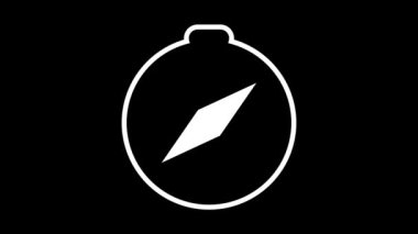 Siyah arkaplanda beyaz bir pusula simgesi. Tasarım, yukarı bakan elmas şekilli bir pusula iğnesine sahip dairesel bir şekle sahip..