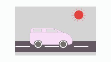 Yolda çalışan sevimli bir araba. Güneş, yıldız ya da ay gibi animasyonlar..