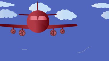 Mavi gökyüzünde beyaz bulutlarla uçan animasyon kırmızı uçak. Uçak ve seyahat konsepti videosu.