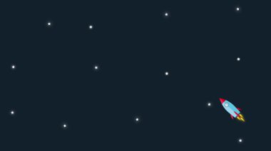 Uzayda uçan uzay roketinin animasyonu siyah arka planda parlayan yıldızların üzerinde. Bilgi grafikleri, sunumu veya reklamı için uygun video.