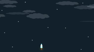 Uzaya giden bir roketin animasyonu, bulutlar, yıldızlar, sanat konsepti. Kusursuz döngü çizgi filmi roketi çalıştır.