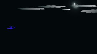Yıldızlı ve aylı uçak animasyonunun gece görüntüsü. Bu hareketli grafik animasyon düzlemleri güzelce yakalıyor..