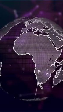 Tamamen parlayan parçacıklardan oluşan dönen dünya yavaşça döner ve gelecekteki soyut uzayda parlayan ve yer değiştiren dijital bir dünya haritasını ortaya çıkarır..