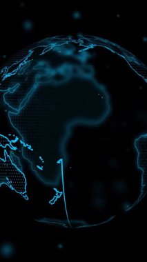Hologram tarzı dönen dünya. Dünya çapında veri akışını, küresel bağlantıları ve gelişmiş teknoloji sistemlerini sembolize eden dinamik animasyon.