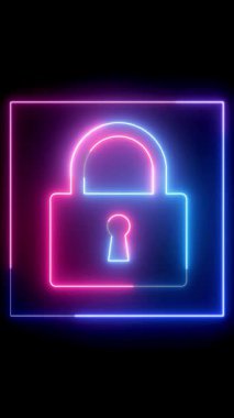 Canlı renklerde parlayan neon kilit simgesi. Dijital mahremiyet, UI tasarımı ve teknolojik görseller için modern güvenlik sembolü.