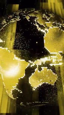 Soyut parçacık dünya küre animasyonu. Teknoloji tanıtımları ve küresel medya için renkli parçacıklardan oluşan canlı dijital dünya haritası.