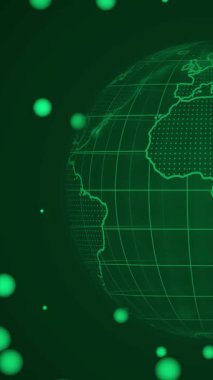 Renkli parçacıklardan oluşan soyut teknoloji ürünü dünya küresi. Fütürist görseller ve küresel ağ kavramları için dijital dünya haritası animasyonu.