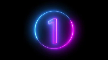 Parlayan neon bir numara dairesel bir çizginin içinde, parlak mavi ve pembe renklerle siyah bir arkaplanda.