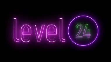 Aydınlatılmış seviye 24 neon metin daire içinde. Oyun seviyeleri, bilim kurgu estetiği ve retro görseller için modern işaret kavramı.